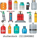 Set of gas cylinders, canisters with fuel, aerosol cans. Metal containers with liquefied compressed helium, oxygen, propane. Different pressurized gas cylinders, storage for liquid vector illustration