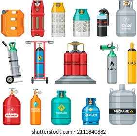 Juego de cilindros de gas, latas con combustible, latas de aerosol. Contenedores metálicos con helio comprimido licuado, oxígeno, propano. Diferentes cilindros de gas a presión, almacenamiento para ilustración vectorial líquido