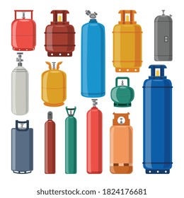 Set of gas cylinders of different colors and shapes. Safe transportation and storage of high-pressure liquefied gas. Cylindrical containers with valves. Vector isolated illustration