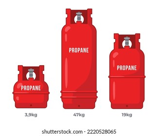 Set of gas cylinders of different volumes. Industrial propane gas cylinders. Vector flat illustration