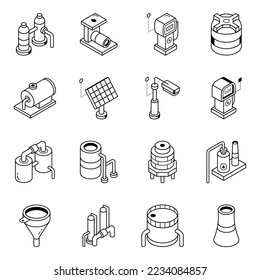 Set of Gas Factory Isometric Line Icons 

