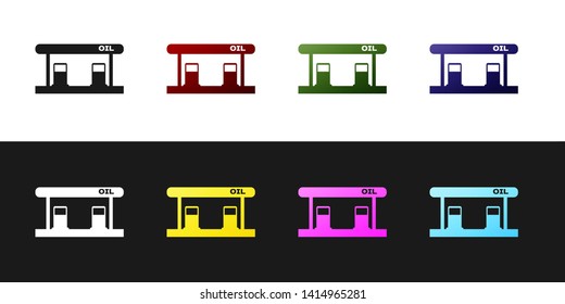 Set Gas filling station icon isolated on black and white background. Transport related service building Gasoline and oil station.  Vector Illustration