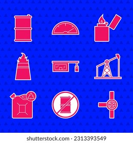 Set Gas filling station, No barrel for gasoline, Industry pipes and valve, Oil pump pump jack, Eco fuel canister, rig with fire, Lighter and Barrel oil icon. Vector