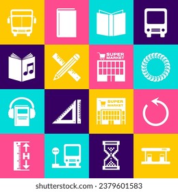 Fijar estación de llenado de gas, Refrescar, Laurel wreath, Libro abierto, Lápiz y regla cruzada, Icono de construcción de audio, bus y supermercado. Vector