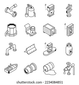 Conjunto de iconos de línea isométricos de la industria del gas 

