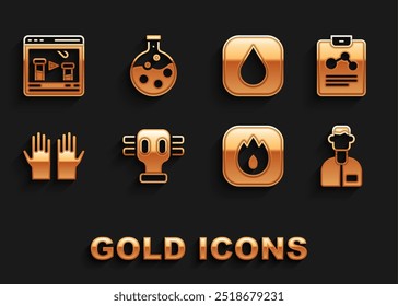 Conjunto de máscara de gas, informe de química, asistente de laboratorio, llama de fuego, guantes de goma médica, gota de agua, química en línea y tubo de ensayo y frasco icono. Vector