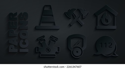 Set Gas mask, Fire in burning house, hydrant, Emergency call, Firefighter axe and Traffic cone icon. Vector