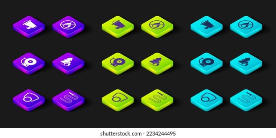 Fijar máscara de gas, carrete de manguera de fuego, Sonido de alarma, Árbol de bosque quemado, No hay fuego y icono de megáfono. Vector