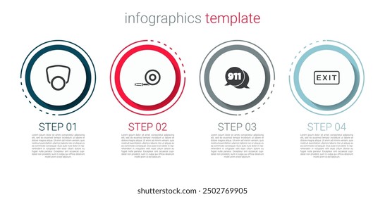 Set Gas mask, Fire hose reel, Telephone call 911 and exit. Business infographic template. Vector