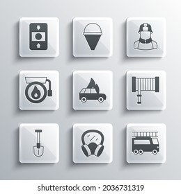 Set Gas mask, Fire truck, hose reel, Burning car, shovel, Ringing alarm bell, system and Firefighter icon. Vector