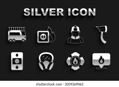 Set Gas mask, Firefighter axe, Location with fire flame, alarm system, truck and Electric wiring of socket in icon. Vector