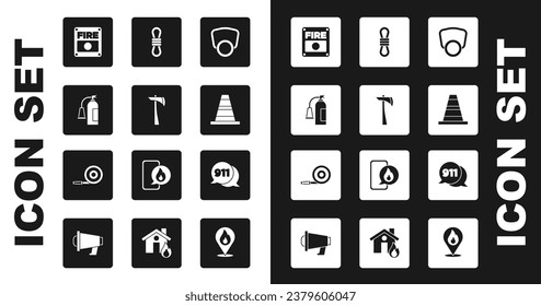 Set Gas mask, Firefighter axe, extinguisher, alarm system, Traffic cone, Climber rope, Telephone call 911 and hose reel icon. Vector