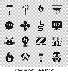 Set Gas mask, Firefighter gloves, Emergency call, Burning match with fire, 911, Hammer and hose reel icon. Vector