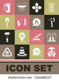 Set Gas mask, Firefighter gloves, axe, Megaphone, shovel, extinguisher and Emergency call icon. Vector