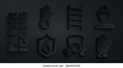 Set Gas mask, Firefighter, protection shield, gloves, escape and No fire icon. Vector