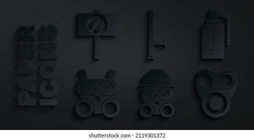 Set Gasmaske, Handgranate, Polizei-Gummibaton und Protest Symbol. Vektorgrafik