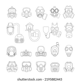 Set of gas mask icons. Collection of chemical gas and poison gas mask, mask for firefighters and the military and pollution protection.