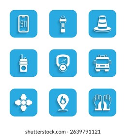 Set Gas mask, Location with fire flame, Firefighter gloves, truck, Walkie talkie, Traffic cone and Mobile emergency call 911 icon. Vector