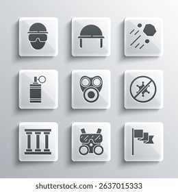 Set Gas mask, Location marker, Protest, Prison window, Hand grenade, Special forces soldier and Flying stone icon. Vector