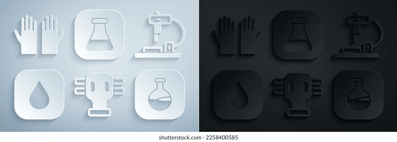 Set Gas mask, Microscope, Water drop, Test tube and flask,  and Medical rubber gloves icon. Vector