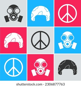 Set Gas mask , Military helmet  and Peace  icon. Vector