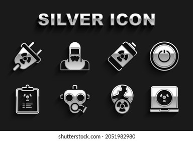 Set Gas mask, Power button, Nuclear laptop, Planet earth and radiation, Radiation warning document, energy battery, electrical plug and reactor worker icon. Vector