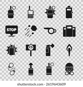 Set Gas mask, Torch flame, Police assault shield, Hand grenade, Flying stone, Protest,  and Whistle icon. Vector