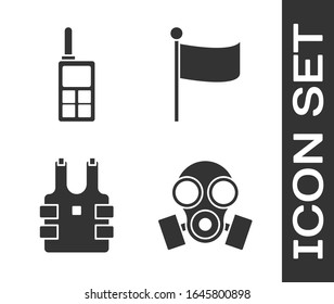 Set Gas mask , Walkie talkie , Bulletproof vest for protection from bullets  and Flag  icon. Vector