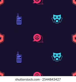 Set Gas mask, Walkie talkie, Peace and Police badge on seamless pattern. Vector