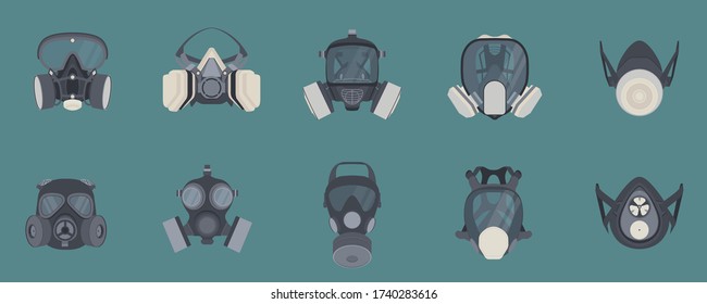 Set of gas masks - gas masks, chemical gas mask, poison gas mask, pollution protection masks, respirator mask. for firefighters and the military. Vector illustration.