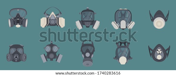 Set of gas masks - gas\
masks, chemical gas mask, poison gas mask, pollution protection\
masks, respirator mask. for firefighters and the military. Vector\
illustration.