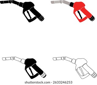 Conjunto de ícones de bocal de gás sem fundo. Silhuetas coloridas e pretas das alças da bomba de combustível. Coleção de vetores para posto de gasolina, indústria de combustível e design automotivo.