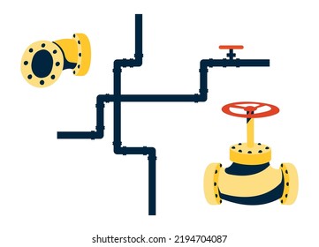 Set of gas pipeline elements. Valve for closing or opening the gas supply. Connecting elements in metal structures. Illustration in flat cartoon graphic style. Connecting pipe with a bend.