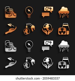 Set Gas pump nozzle and globe, Storm, Nuclear power plant, Hand holding Earth, Sprout hand, Global warming, Wastewater and Light bulb with leaf icon. Vector