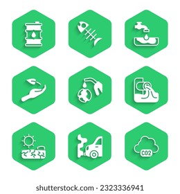 Set Gas pump nozzle and globe, Car exhaust, CO2 emissions in cloud, Wastewater, Drought, Sprout hand, Water problem and Barrel oil icon. Vector