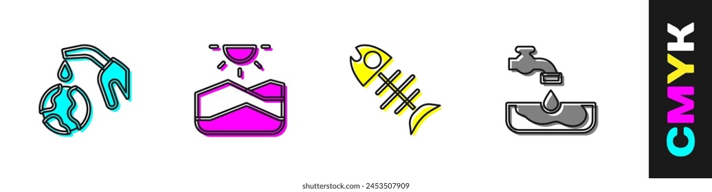 Set Boquilla de bomba de gas y globo, Sequía, peces muertos e icono de problema de agua. Vector