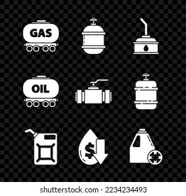 Set Gas railway cistern, Propane gas tank, Canister for motor machine oil, gasoline, Drop crude price, Antifreeze canister, Oil and Industry metallic pipes and valve icon. Vector