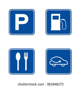 Set : gas station, coffee, e-car, parking. Parking area