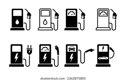 Set of gas station and electric charge station vector icons. Refuel car fuel or charge battery. Vector 10 Eps.