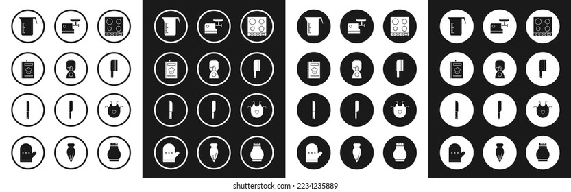 Set Gas stove, Blender, Cookbook, Measuring cup, Meat chopper, Kitchen meat grinder, apron and Knife icon. Vector