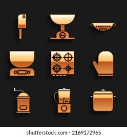 Set Gas stove, Blender, Cooking pot, Oven glove, Manual coffee grinder, Electronic scales, Kitchen colander and Meat chopper icon. Vector