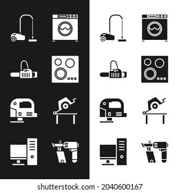 Set Gas stove, Chainsaw, Vacuum cleaner, Washer, Electric jigsaw and Table for woodwork icon. Vector