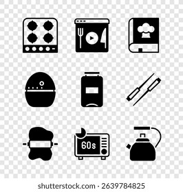 Set Gas stove, Cooking live streaming, Cookbook, Rolling pin on dough, Microwave oven, Kettle with handle, Kitchen timer and Jam jar icon. Vector