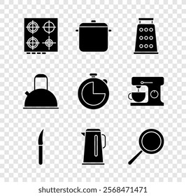 Set Gas stove, Cooking pot, Grater, Knife, Kettle with handle, Frying pan,  and Kitchen timer icon. Vector