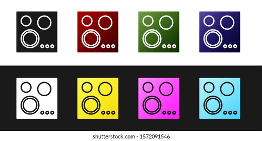 Set Gas stove icon isolated on black and white background. Cooktop sign. Hob with four circle burners.  Vector Illustration