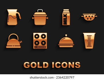 Set Gas stove, Kitchen colander, Measuring cup, Covered with tray of food, Kettle handle, Paper package for milk, Jug glass water and Cooking pot icon. Vector