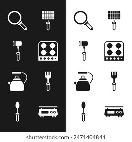 Estufa de gas, martillo de cocina, sartén, rejilla de acero de barbacoa, hervidor con mango, tenedor, escalas Electrónicas e ícono de cuchara de té. Vector