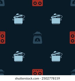 Set Gas stove, Scales and Cooking pot on seamless pattern. Vector