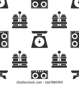 Set Gas stove , Scales  and Salt and pepper  on seamless pattern. Vector