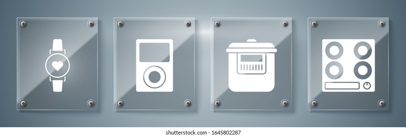 Set Gas stove , Slow cooker , Music player  and Smart watch showing heart beat rate . Square glass panels. Vector